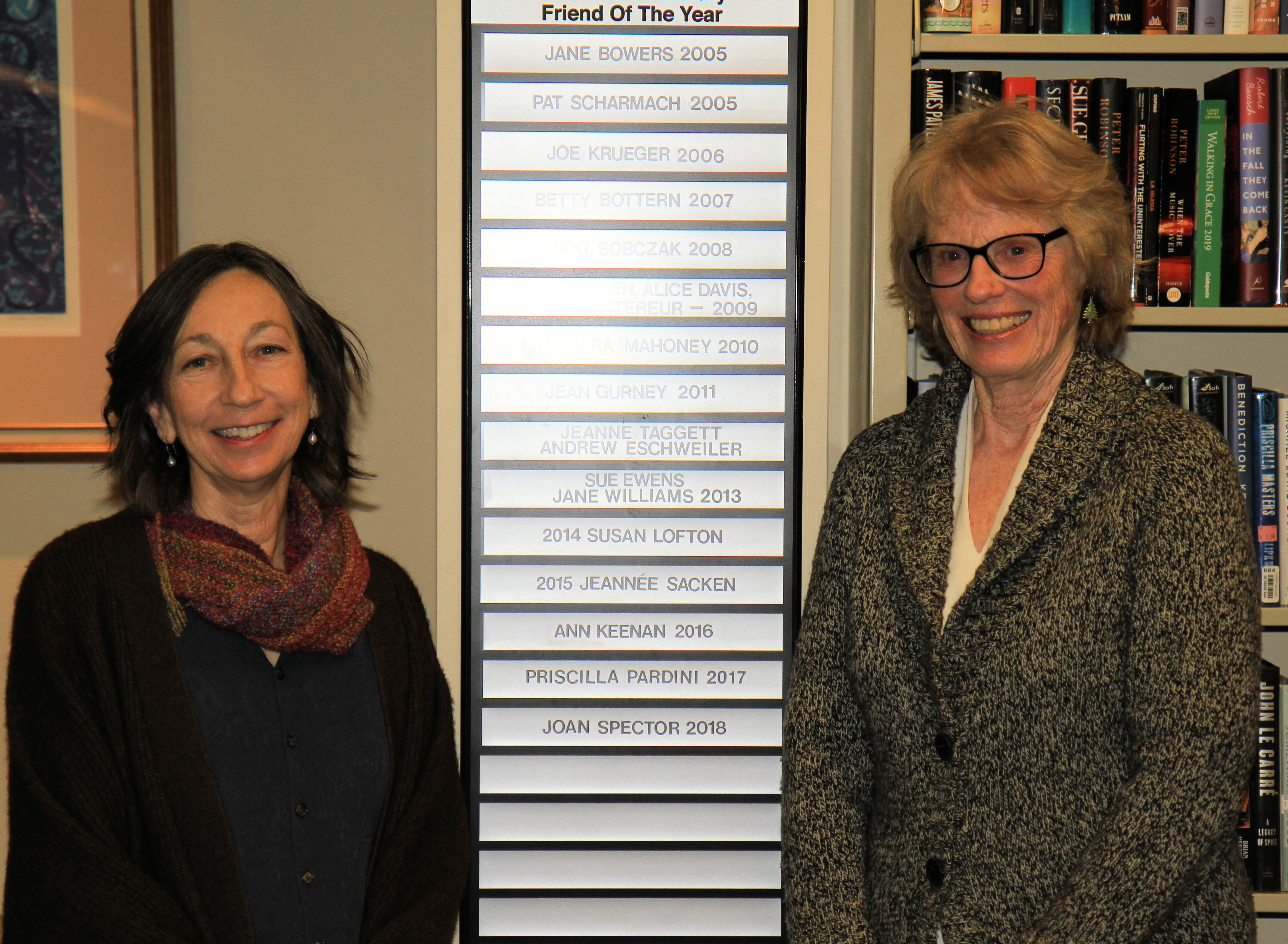 Image of Joan Spector, Friends of the Library Volunteer Coordinator, and Candace Shoemaker, former Friends Trustee
